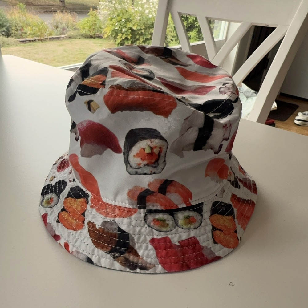 Reversible Sushi Print Bucket Hat Black Japanese Food Nigiri Maki Novelty Y2K - Picture 2 of 5